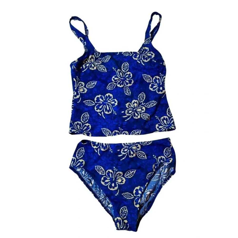 Lands’ End Tankini Swimsuit Set Size 8 Blue Gold Hibiscus Floral Vintage Y2K